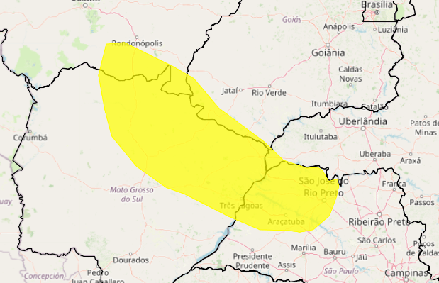 Chuva pode atingir áreas de São Paulo, Mato Grosso do Sul, sul de Mato Grosso e de Goiás e parte do Triângulo Mineiro
