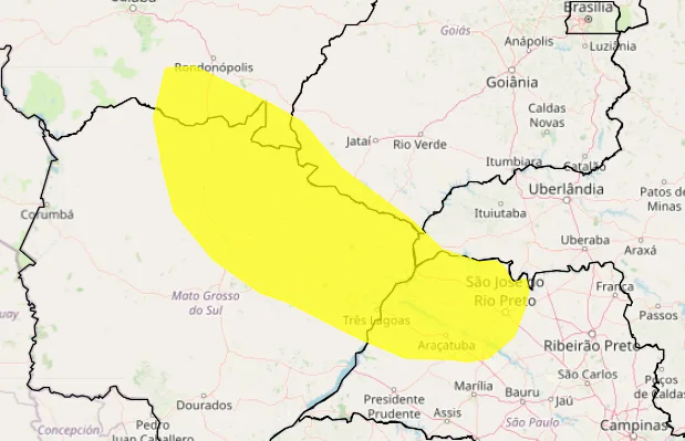 Chuva pode atingir áreas de São Paulo, Mato Grosso do Sul, sul de Mato Grosso e de Goiás e parte do Triângulo Mineiro