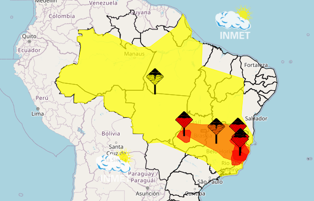 Inmet emite alerta vermelho para acumulado de chuva em áreas de Minas Gerais, Espírito Santo e Goiás